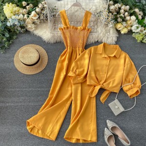 Vacation style two-piece set 2020 new camisole pleated wide leg jumpsuit+stand up collar short sleeved cardigan shirt for women's fashion