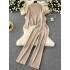 Korean version simple casual suit for women with lazy style autumn and winter high neck pullover knitted sweater+high waist wide leg pants