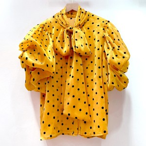 Palace style plush polka dot bubble sleeve shirt for women, summer niche design, butterfly bow beautiful chiffon top