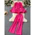 Light mature style niche two-piece set for women, loose waist, drawstring, flared long sleeved pleated top+high waist casual pants