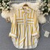 2022 autumn new mid to long vertical striped shirt jacket for women's Korean casual loose collared versatile top trend