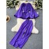 Light mature style niche two-piece set for women, loose waist, drawstring, flared long sleeved pleated top+high waist casual pants