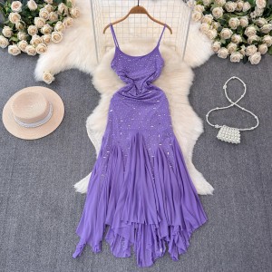 Sister Yu's high-end temperament dress, dinner party long dress, fashionable hot pressed diamond waist strap, mesh irregular dress