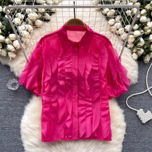 French style light luxury high-end mesh shirt for women's summer with loose ruffle edges and bubble sleeves, designed as a niche and super fairy style top