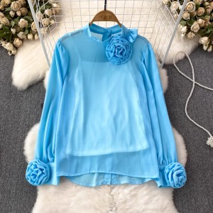 Socialite temperament long sleeved three-dimensional flower stand up collar loose slimming chiffon shirt women's casual western-style top