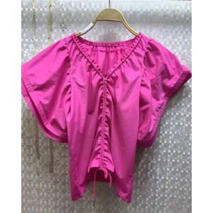 Fashionable drawstring pleated design V-neck pullover flying sleeve shirt 2023 new loose and versatile solid color top