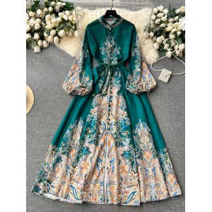 French retro high-end lantern long sleeved printed dress for women, light luxury and elegant, single breasted waist cinching long skirt with a large swing