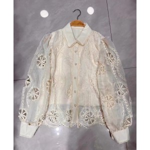 French elegant lapel with hollowed out mesh pattern design, single breasted loose puff sleeve shirt for women