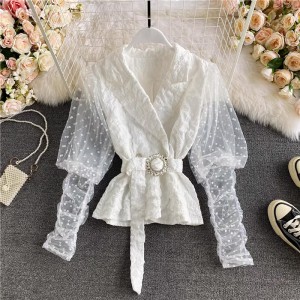 Korean style suit collar, waist cinching mesh, bubble long sleeved doll short waist cinching shirt top