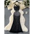 Sexy socialite party evening dress with female design sense, hollowed out hanging neck, heavy-duty hot drilling, slim fit mesh, fishtail dress