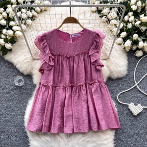 Korean sweet fungus ruffled chiffon top for women in summer, versatile and chic, reducing age, small fly sleeves, hot stamping doll shirt