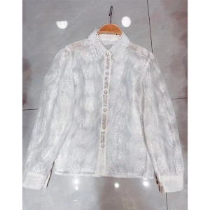 French style new design, niche retro silk top, lace bubble sleeve shirt for women