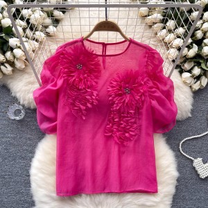 Summer thin shirt women's French high-end feeling with diamond inlaid three-dimensional flowers unique bubble sleeves chiffon shirt versatile top