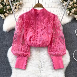 Retro court style lantern long sleeved stand up collar single breasted lace shirt for women's casual western-style top