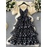 High end dress, long skirt, women's three-dimensional flower V-neck suspender, waist cinching multi-layer ruffle edge polka dot suspender dress