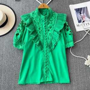 Standing collar 2024 spring embroidered shirt hollowed out Korean version ruffle lace shirt short sleeved solid color anti-aging patchwork top