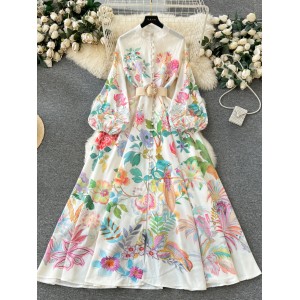 2024 early spring new niche elegant printed buckle slim fit long French bubble sleeve dress temperament dress