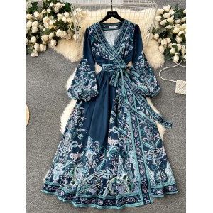 2024 early spring new French high-end one-piece lace up waist cinching printed dress for women, light luxury elegant long skirt