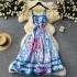 European and American vacation printed dress, women's summer design, wave edge splicing, waist cinching, slimming effect, large swing suspender long skirt