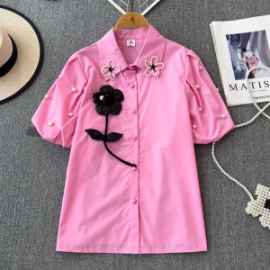 French style design, niche three-dimensional flower shirt, women's summer new style, exquisite Western style, bubble short sleeved chiffon shirt