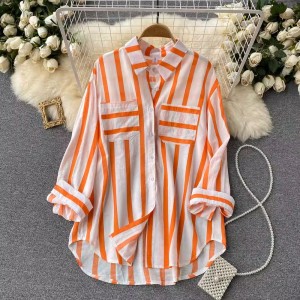 New mid to long vertical striped shirt jacket for women, Korean casual loose collared versatile top, trendy