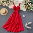 2020 new design sense careful machine V-neck backless retro solid color waist slimming long skirt women's dress