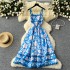 European and American vacation printed dress, women's summer design, wave edge splicing, waist cinching, slimming effect, large swing suspender long skirt