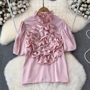 French style shirt for women with a niche design, three-dimensional flower bubble sleeves, age reducing, versatile, solid color chiffon shirt for women, short sleeved top