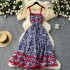 European and American vacation printed dress, women's summer design, wave edge splicing, waist cinching, slimming effect, large swing suspender long skirt