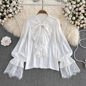 French retro style loose lace patchwork flared sleeves bow tie tied shirt women's western-style top