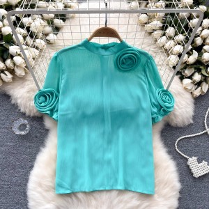 Design sense, three-dimensional flower bubble sleeves, unique chiffon shirt, women's summer thin shirt, niche, unique and chic top