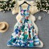 European and American vacation printed dress, women's summer design, wave edge splicing, waist cinching, slimming effect, large swing suspender long skirt