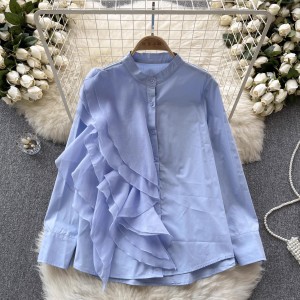 Light luxury chic shirt for women, fashionable ruffle edge splicing stand up collar, single breasted long sleeved shirt for women, loose and versatile top