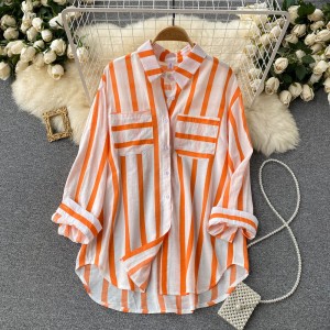 2022 autumn new mid to long vertical striped shirt jacket for women's Korean casual loose collared versatile top trend