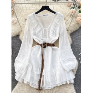 2024 Spring New Vacation Style Dress with Sweet Mushroom Edge Strap and Slim Fit Short Lotus Leaf Edge Dress for Women