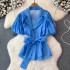 2024 Summer New Fashionable Korean Sweet Bubble Chiffon Shirt Women's Strap up Bow Waist Suit Collar Top