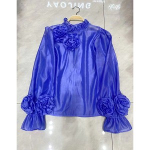 2024 European Station New Women's Bubble Sleeve Three Dimensional Flower Micro Transparent Shirt with French Solid Color Top Style