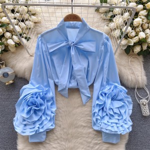 High end fashion for women wearing spring shirts with niche design, three-dimensional floral bubble sleeves, age reducing bow collar top for women