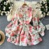 European and American style small dress for women, niche lace up waist, polo collar, lantern sleeves, ruffled edges, fluffy print dress