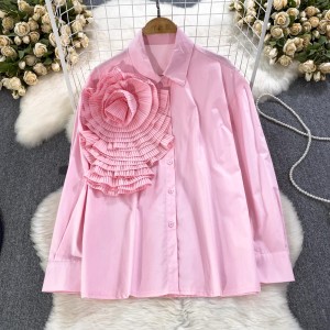 Autumn fashion long sleeved sweet pleated fungus edge splicing three-dimensional large flower loose shirt women's casual top