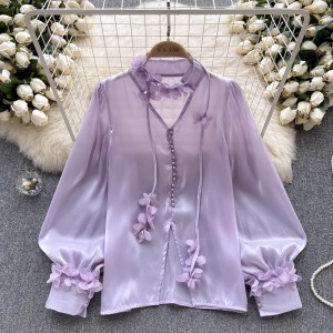 French court style high-end mesh shirt for women in autumn with long sleeves and satin design, niche and beautiful top trend