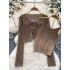 Pure Desire Style Two piece Women's Versatile Slim Fit Strap Top+Sweet Strap Long Sleeve Hollow Knitted Cardigan Top