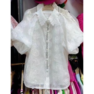 Summer 2024 new design sense niche retro silk top lace bubble sleeves cotton linen shirt for women