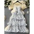 High end dress, long skirt, women's three-dimensional flower V-neck suspender, waist cinching multi-layer ruffle edge polka dot suspender dress