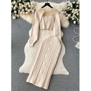 French Pure Desire Gentle Style Knitted Set Women's Long Sleeve Hoodie Strap Tank Top+Hip Wrapping Half Skirt 3-Piece Set Trendy