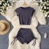 American casual sports yoga suit set sexy short slim fit t-shirt with drawstring high waist and hip hugging shorts two-piece set