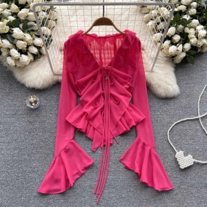 Irregular flared sleeve chiffon shirt with design sense, women's spring and summer new style, ruffled V-neck lace up sun protection top, trendy