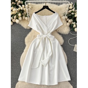 High end socialite style banquet party dress, women's summer bow tie, waist cinching design, niche chic dress