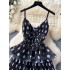 High end dress, long skirt, women's three-dimensional flower V-neck suspender, waist cinching multi-layer ruffle edge polka dot suspender dress