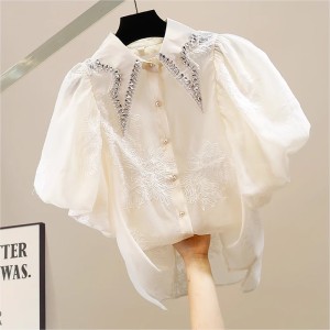 Heavy Industry Handmade Bead Set Diamond Collar Sweet Bubble Sleeves Embroidered Short Sleeve Shirt Fashionable and Stylish Aging Top Trendy